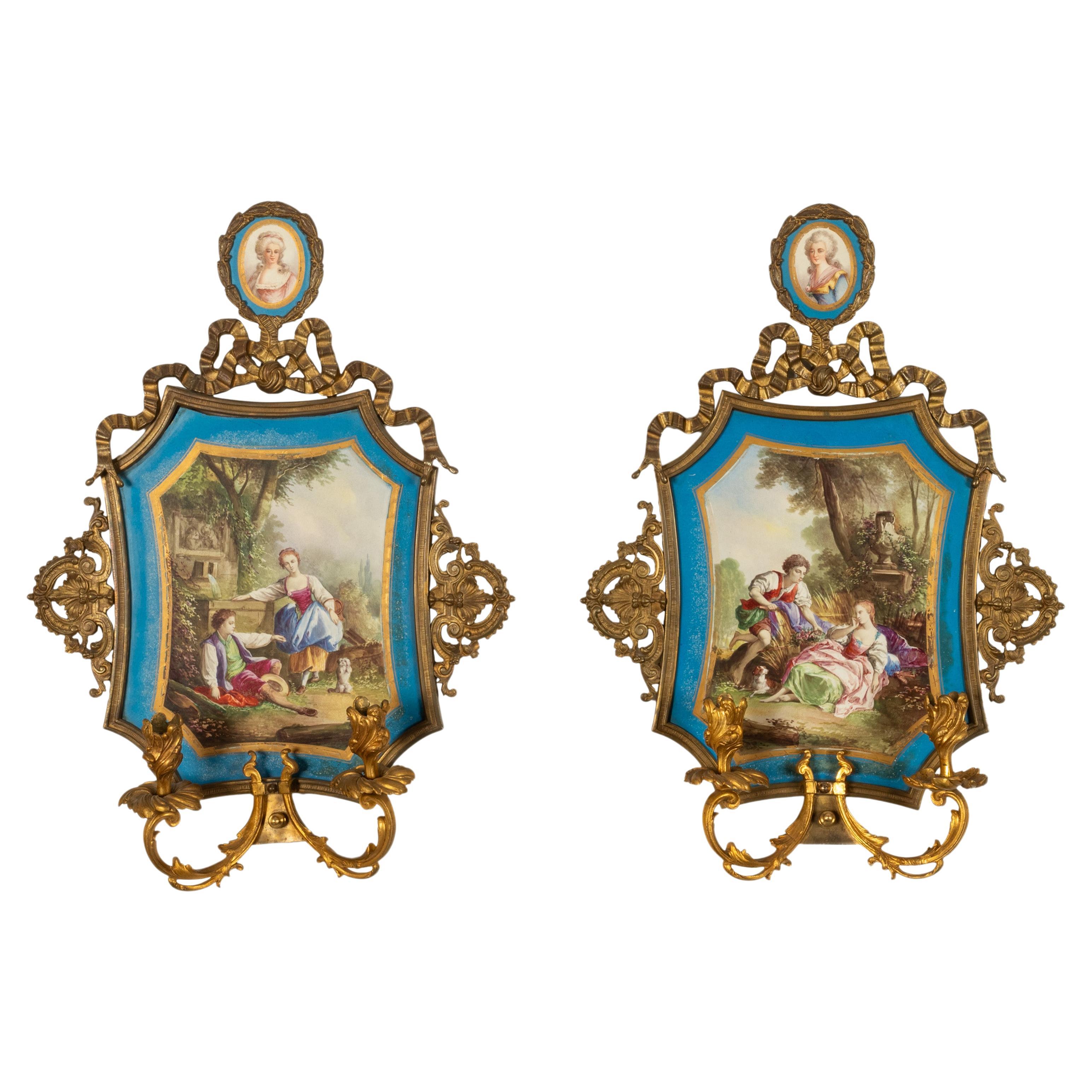 Pair Antique French Sevres Portrait Porcelain Ormolu Wall Sconces Candle Lights