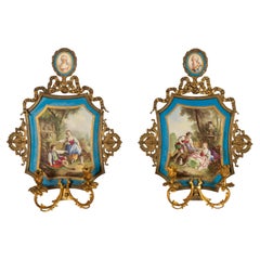Pair Antique French Sevres Portrait Porcelain Ormolu Wall Sconces Candle Lights