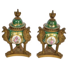 Pair Antique French 'Sevres' Red Porcelain Gilt Bronze Pot Pourri Urns 1804-1809