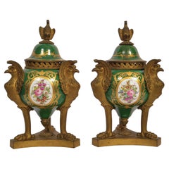 Pair Antique French 'Sevres' Red Porcelain Gilt Bronze Pot Pourri Urns 1804-1809