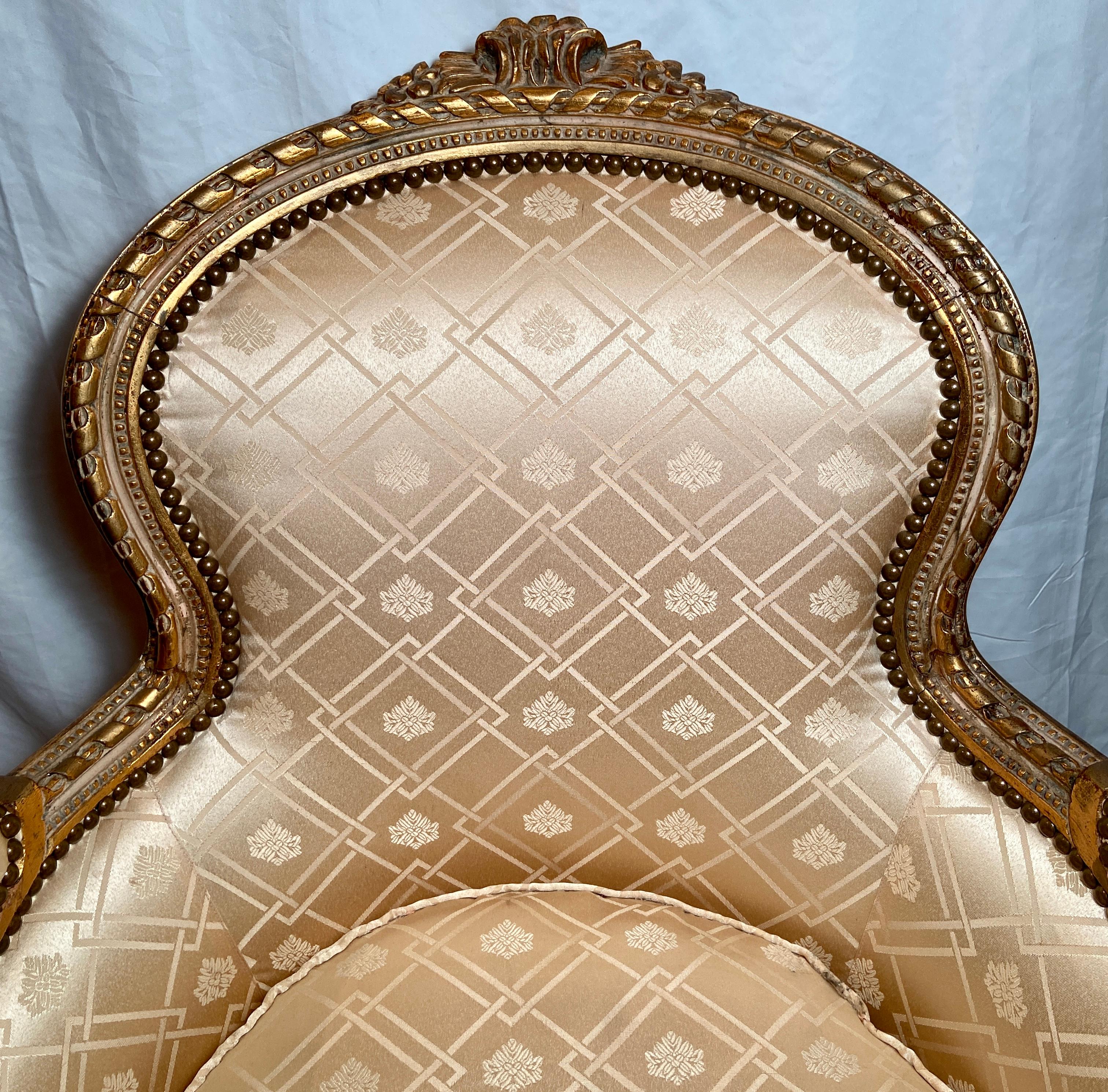 19th Century Pair Antique French Silk Upholstered Giltwood Carved Arm-Chairs, Circa 1890-1910