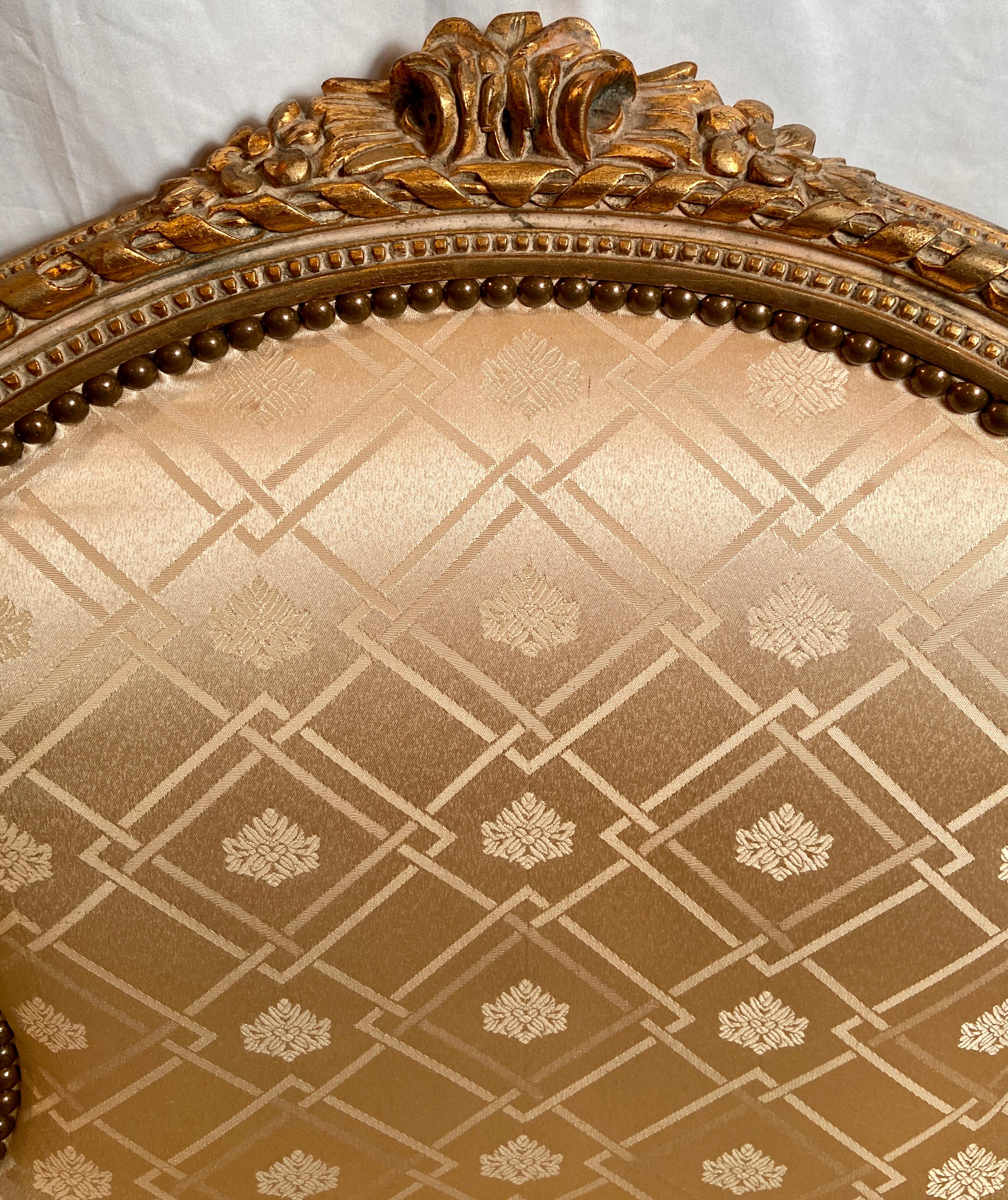 Pair Antique French Silk Upholstered Giltwood Carved Arm-Chairs, Circa 1890-1910 1