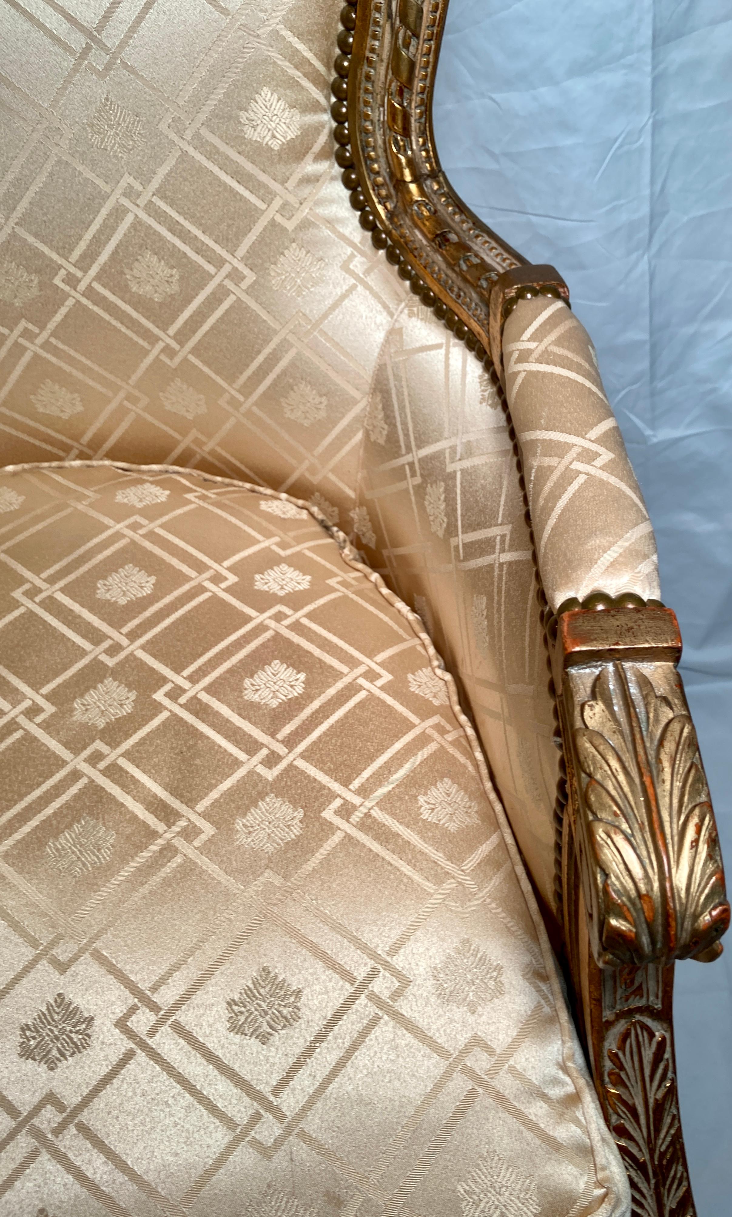 Pair Antique French Silk Upholstered Giltwood Carved Arm-Chairs, Circa 1890-1910 3
