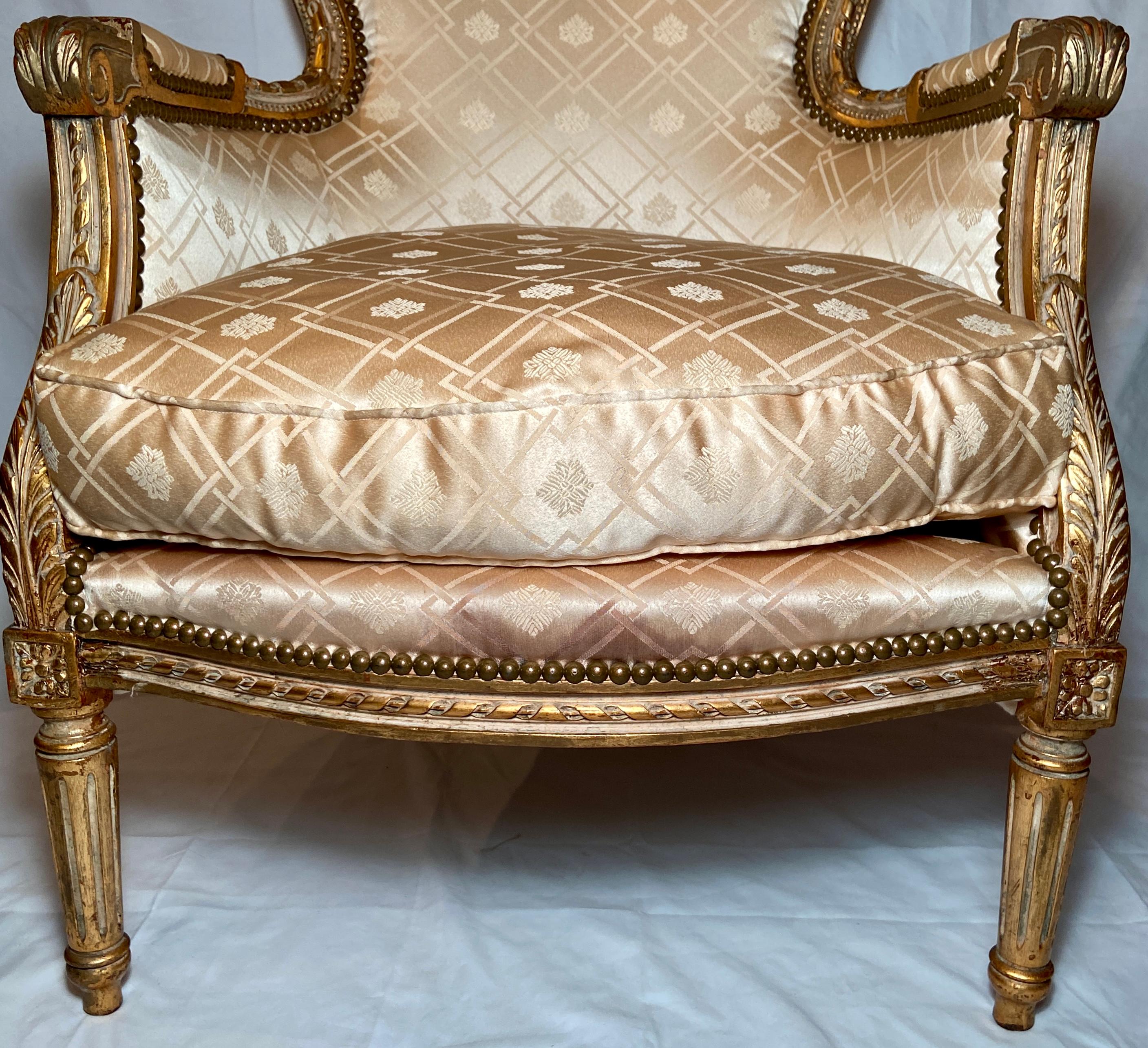 Pair Antique French Silk Upholstered Giltwood Carved Arm-Chairs, Circa 1890-1910 4