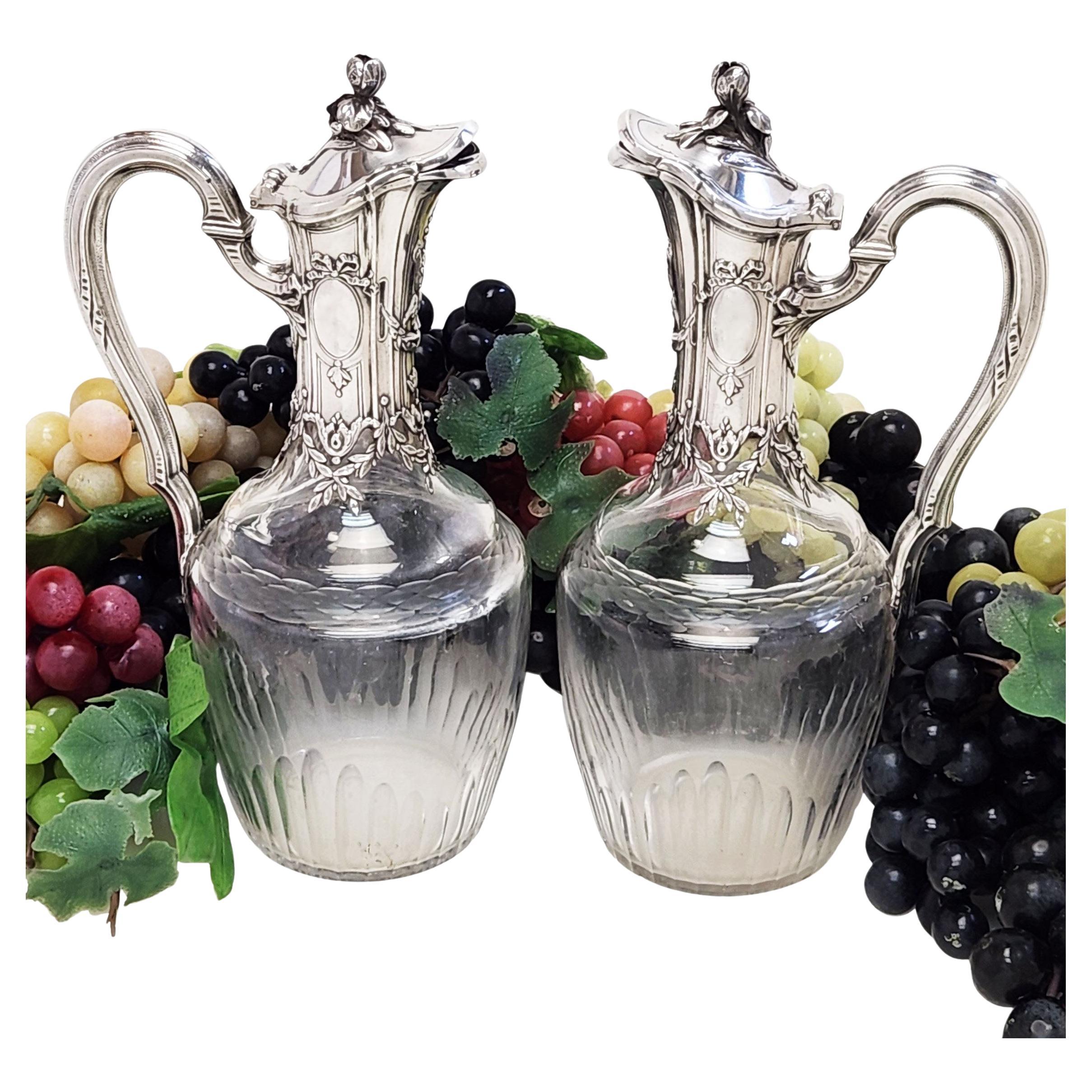 Pair Antique French Silver Claret Jugs / Wine Decanters c. 1890