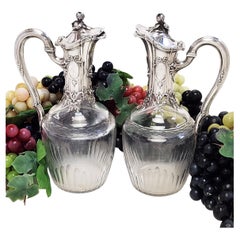 Pair Antique French Silver Claret Jugs / Wine Decanters c. 1890