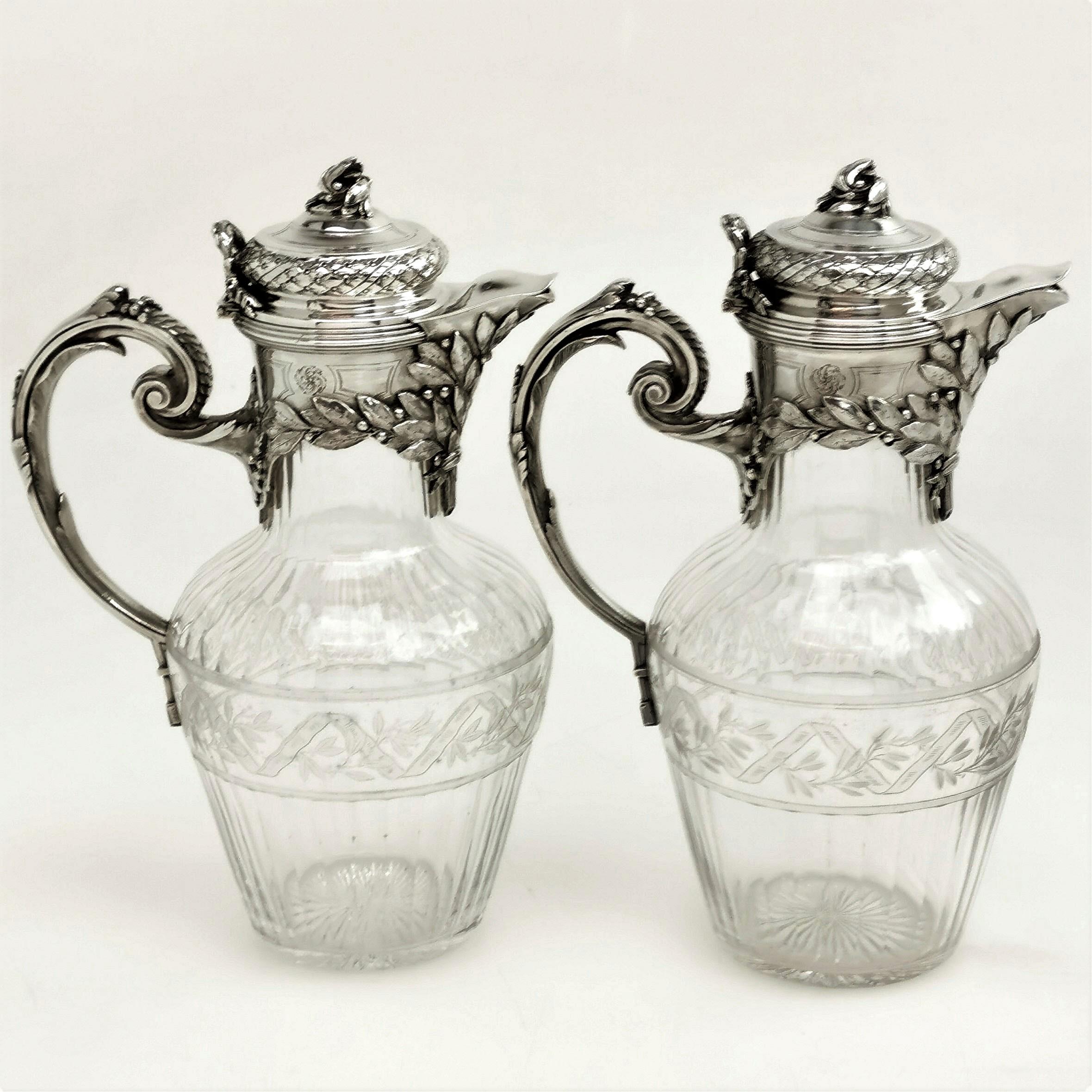 Pair of French Silver and Cut Glass Claret Jug / Wine Decanter Paris, circa 1880 In Good Condition In London, GB