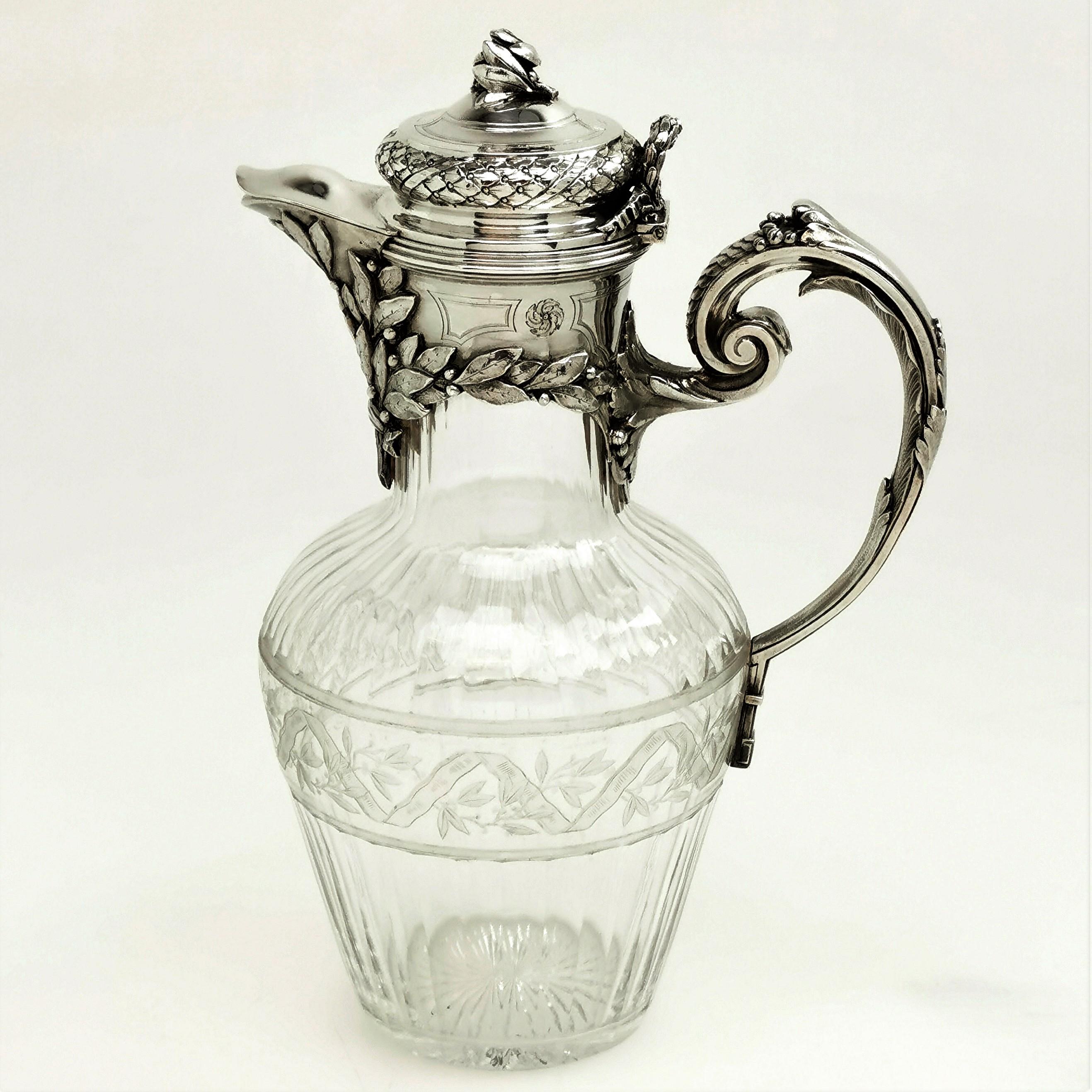 19th Century Pair of French Silver and Cut Glass Claret Jug / Wine Decanter Paris, circa 1880