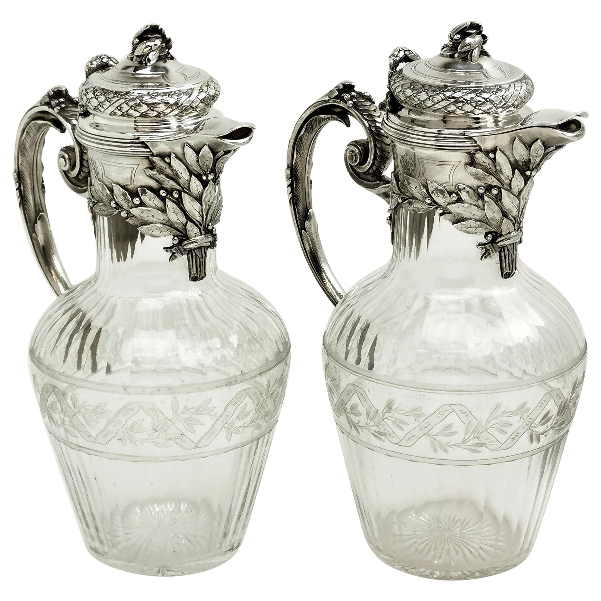 Pair of French Silver and Cut Glass Claret Jug / Wine Decanter Paris, circa 1880
