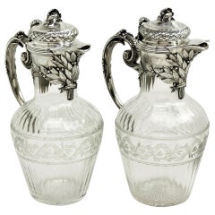 Antique Pair of French Silver and Cut Glass Claret Jug / Wine Decanter Paris, circa 1880