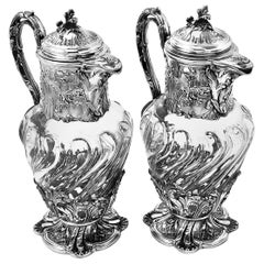 Pair Antique French Silver & Glass Claret Jugs Wine Decanter Paris France c 1880