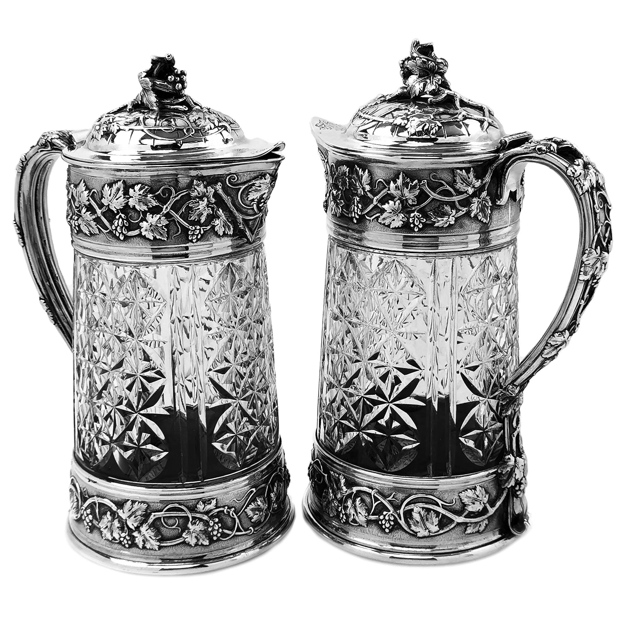 Pair of Antique French Silver and Glass Claret Jugs / Wine Decanters Odiot c1870 In Good Condition In London, GB