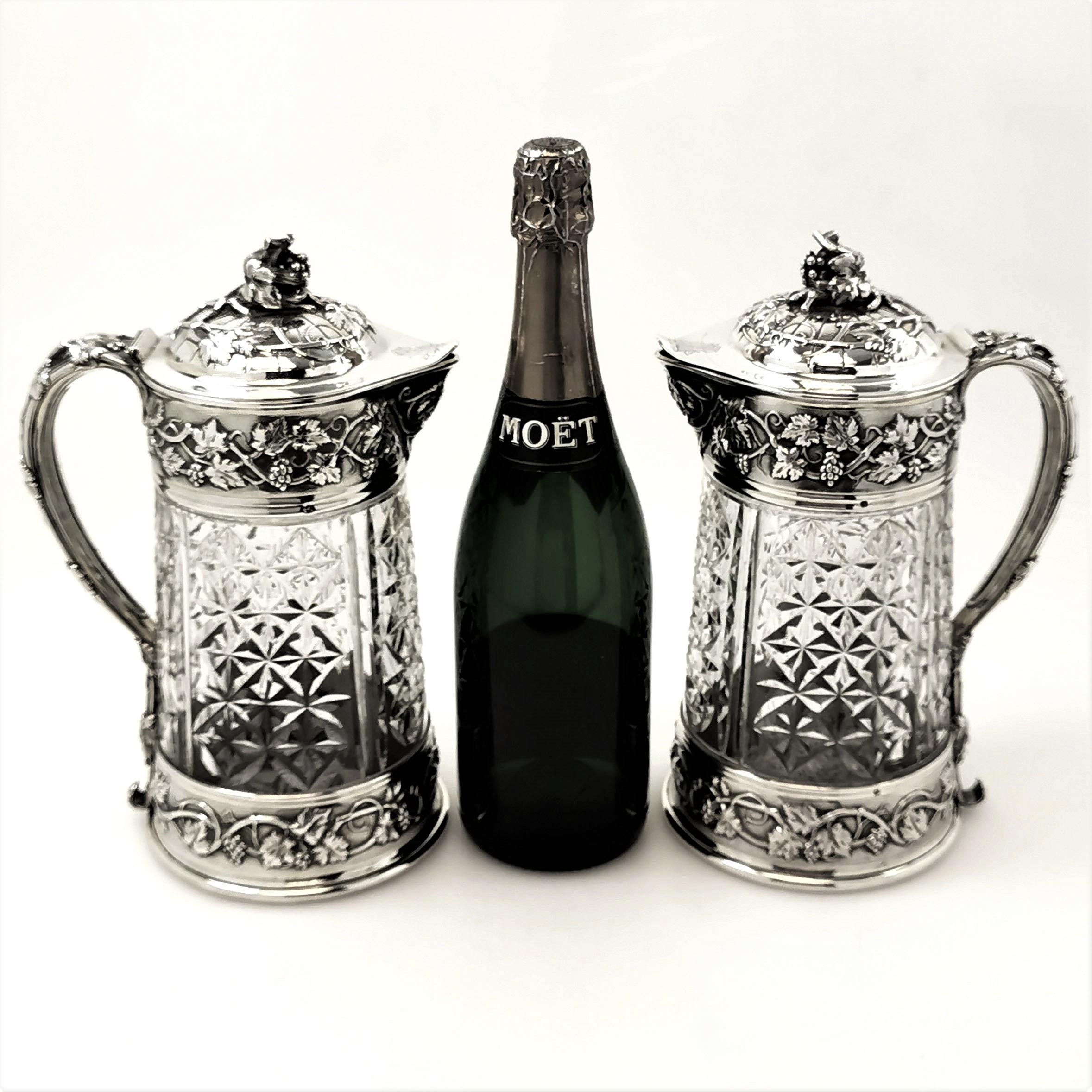 19th Century Pair of Antique French Silver and Glass Claret Jugs / Wine Decanters Odiot c1870