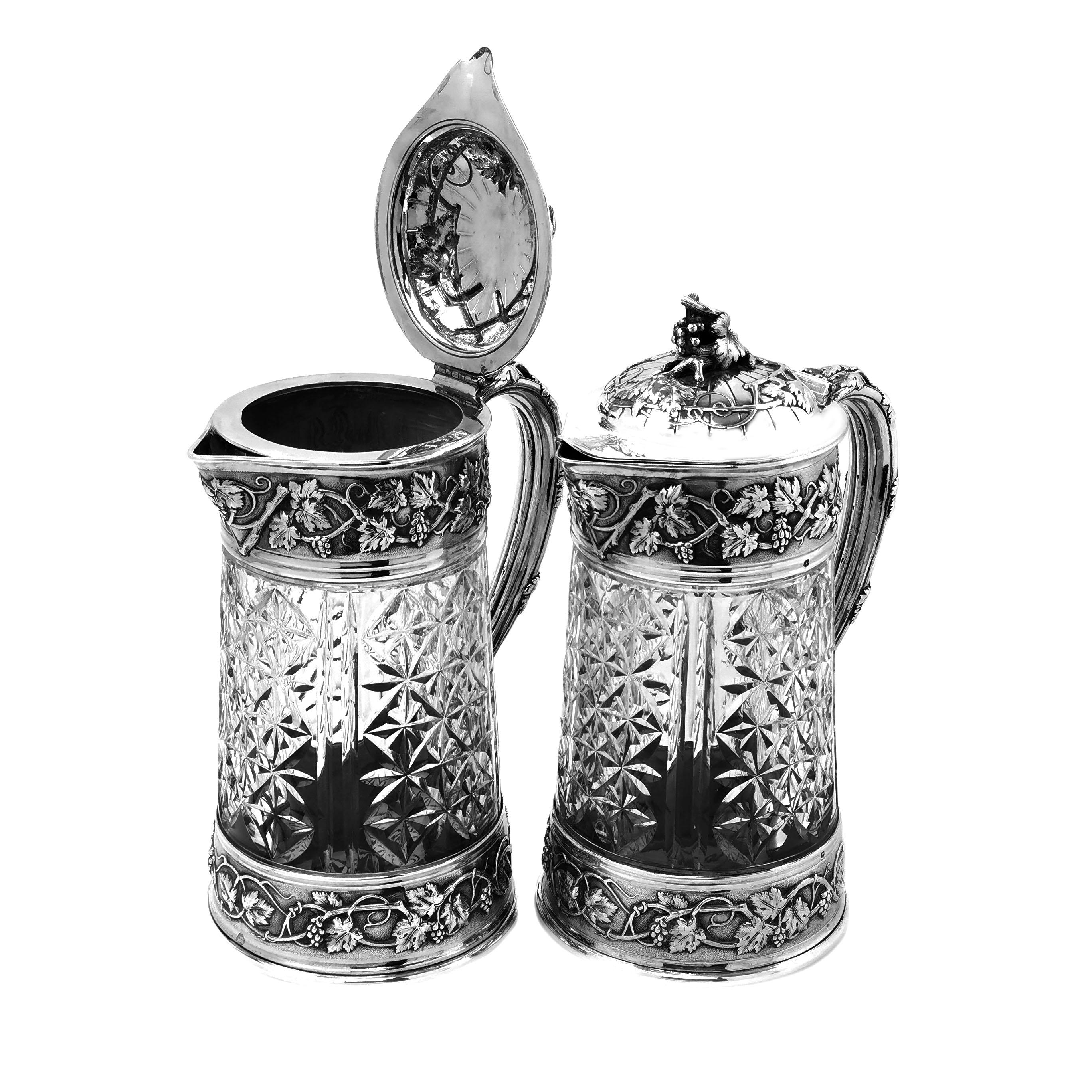 Pair of Antique French Silver and Glass Claret Jugs / Wine Decanters Odiot c1870 1