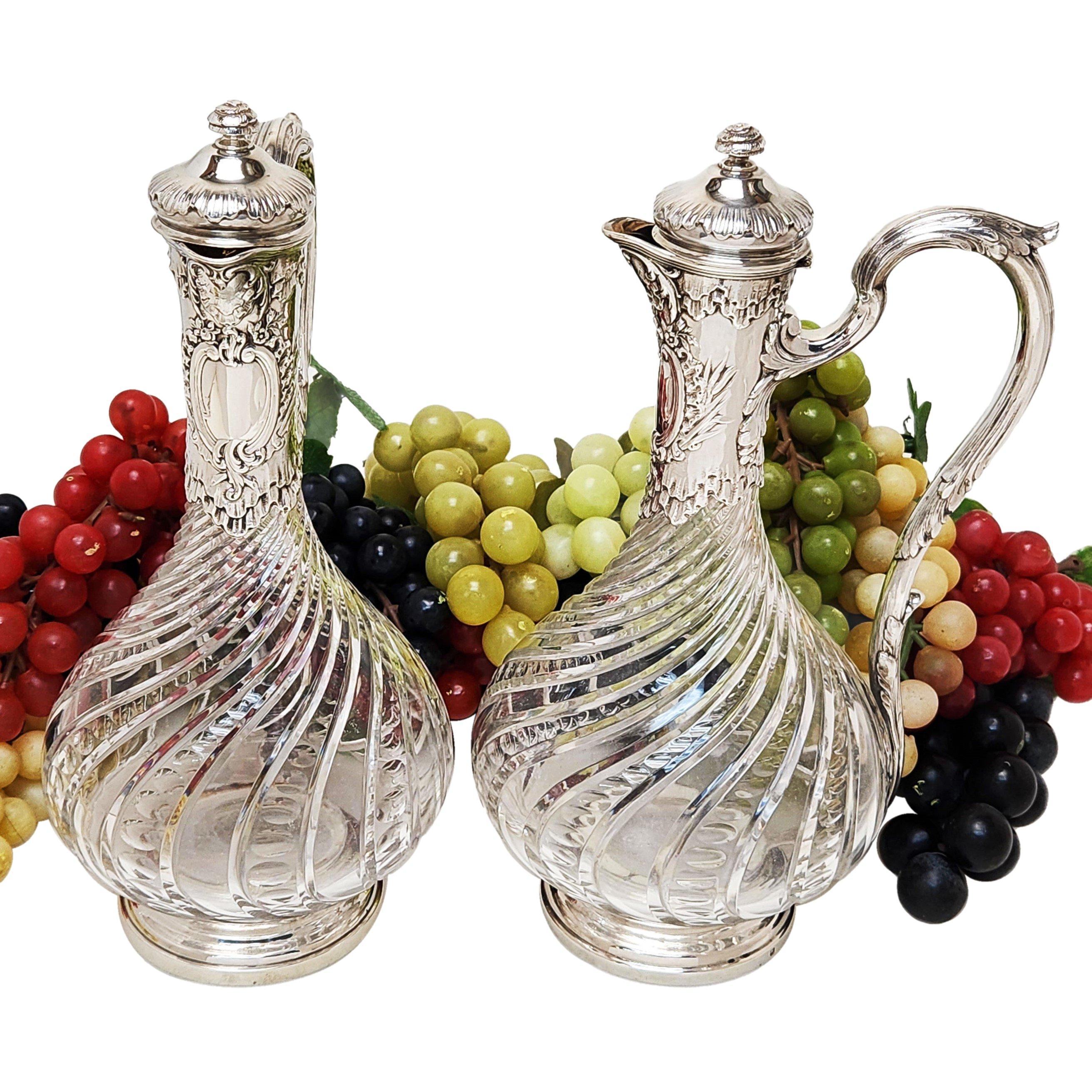 Pair Antique French Silver & Glass Claret Jugs / Wine Decanters c. 1890  In Good Condition For Sale In London, GB