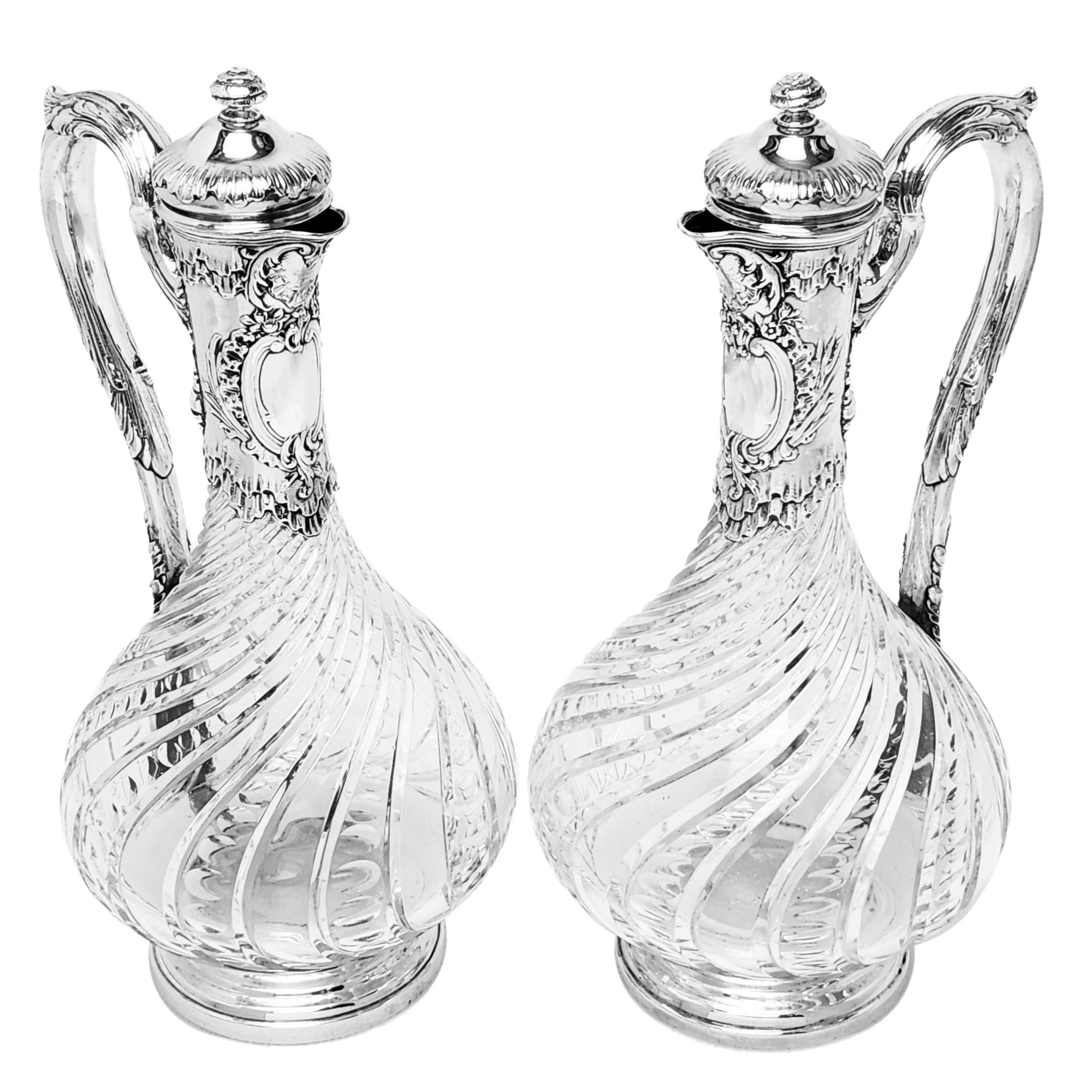 19th Century Pair Antique French Silver & Glass Claret Jugs / Wine Decanters c. 1890  For Sale