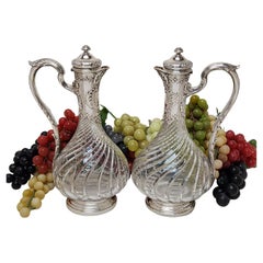 Pair Antique French Silver & Glass Claret Jugs / Wine Decanters c. 1890 