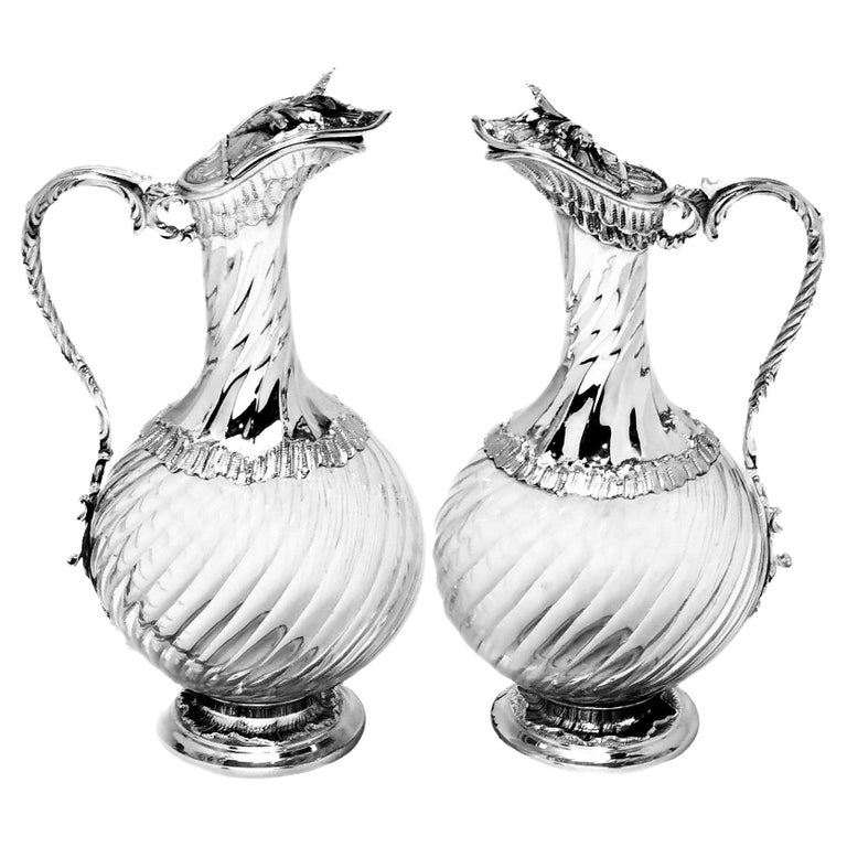 Pair Antique French Silver & Glass Liquor Jugs Decanters Paris c. 1890