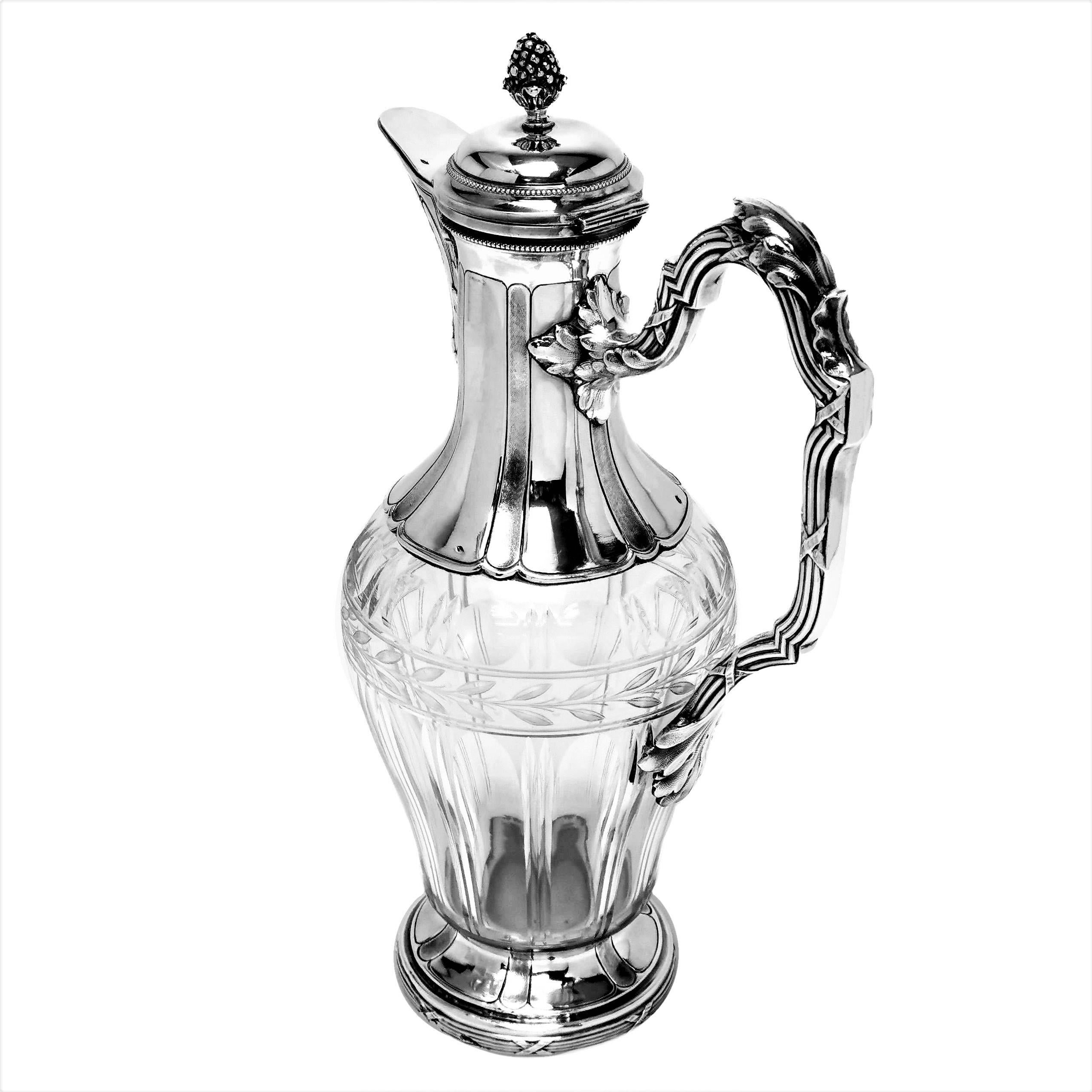 19th Century Pair Antique French Solid Silver & Glass Claret Jugs / Wine Decanters, c. 1890