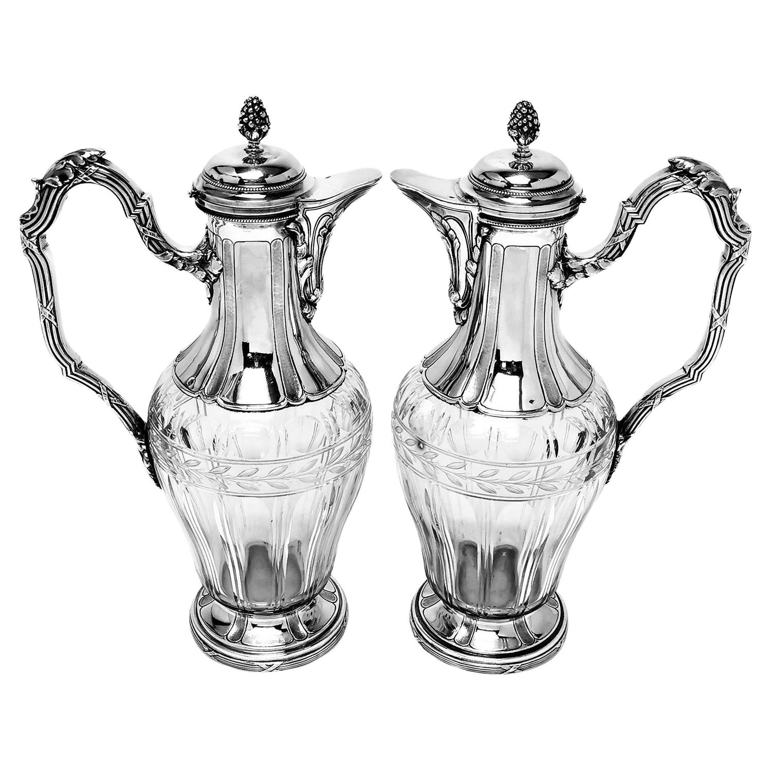 Pair Antique French Solid Silver & Glass Claret Jugs / Wine Decanters, c. 1890