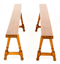 Pair Antique French Stools - Cherry Wood Benches 1870