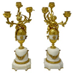 Pair Antique French "Susse Freres" Bronze D
 Ore 
Carrara Marble Candelabra.