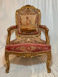 Pair Antique French Tapestry & Carved Wood with Gold Leaf Arm Chairs, Circa 1860