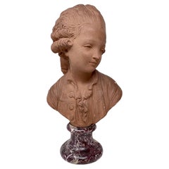 Pair Antique French Terracotta Busts Signed "Houdon" on Marble Bases, Circa 1860