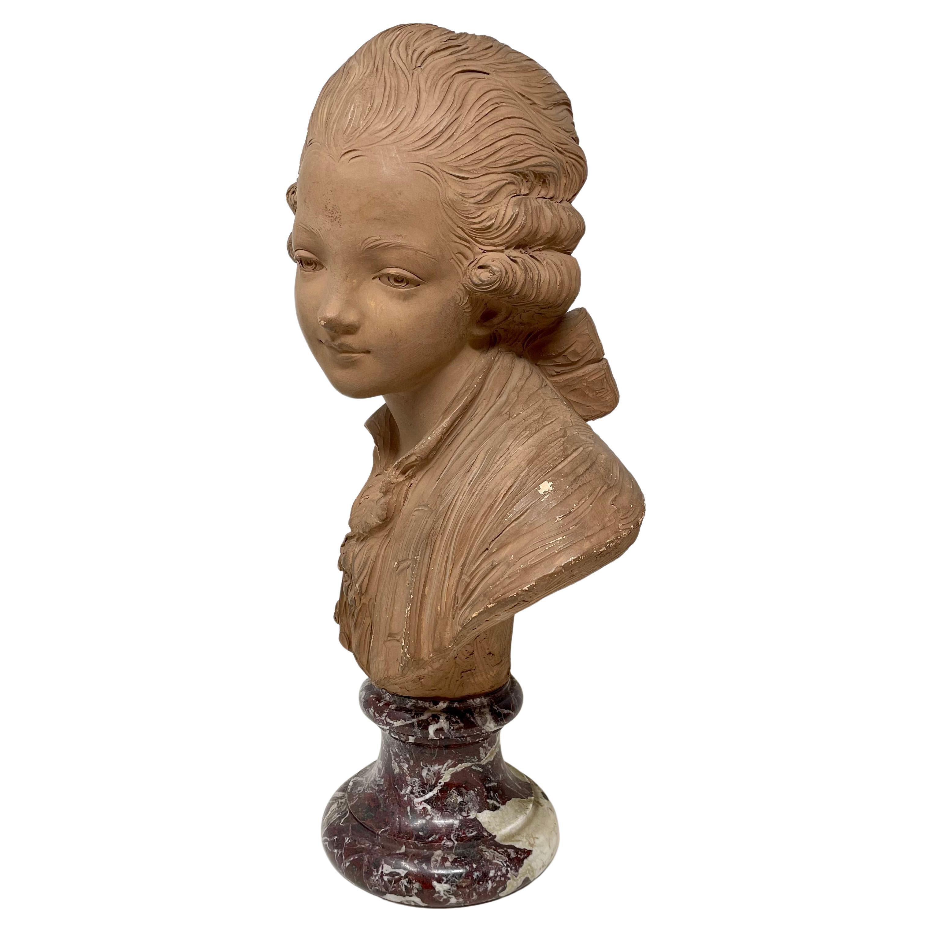 Paar antike französische Terrakotta-Büsten aus Terrakotta, signiert „Houdon“ auf Marmorsockeln, um 1860 (Französisch) im Angebot