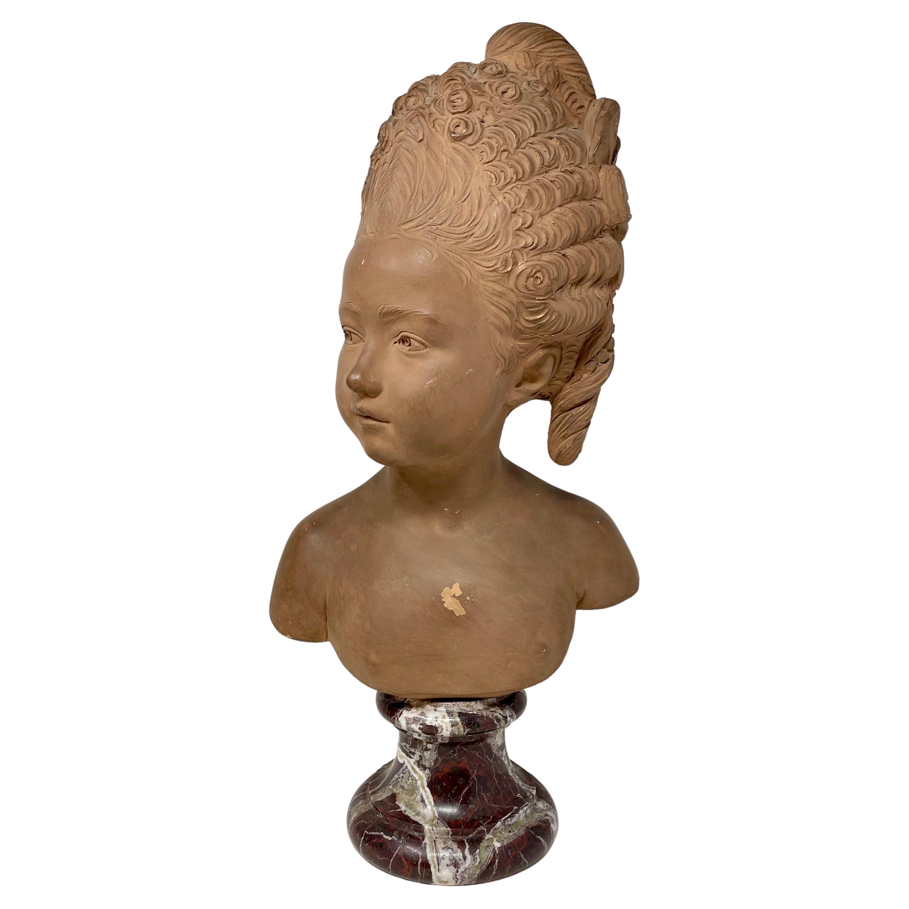 Paar antike französische Terrakotta-Büsten aus Terrakotta, signiert „Houdon“ auf Marmorsockeln, um 1860 im Angebot 1