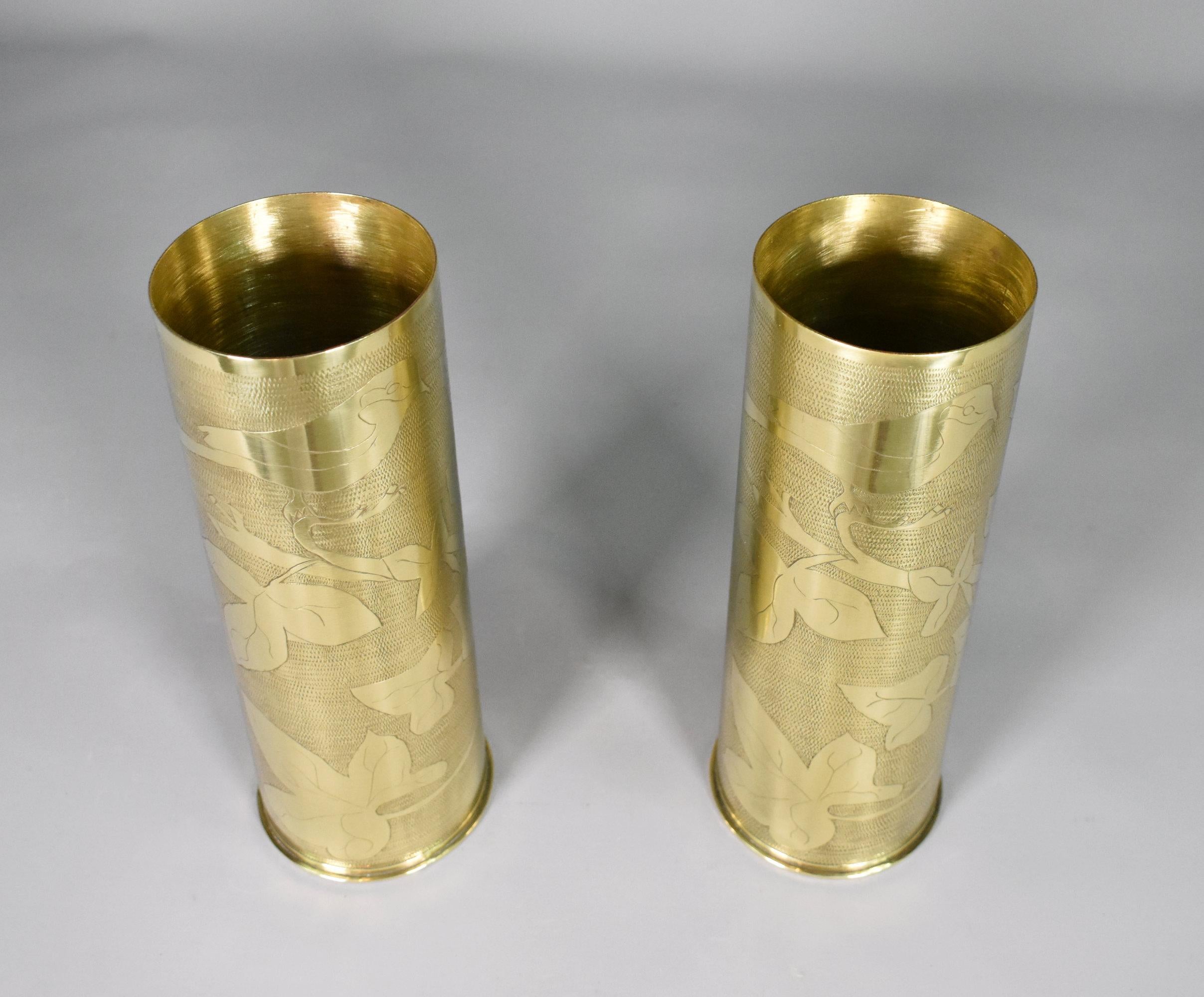 Paire de vases à obus en laiton Antique French Trench Art WW1 en vente 3