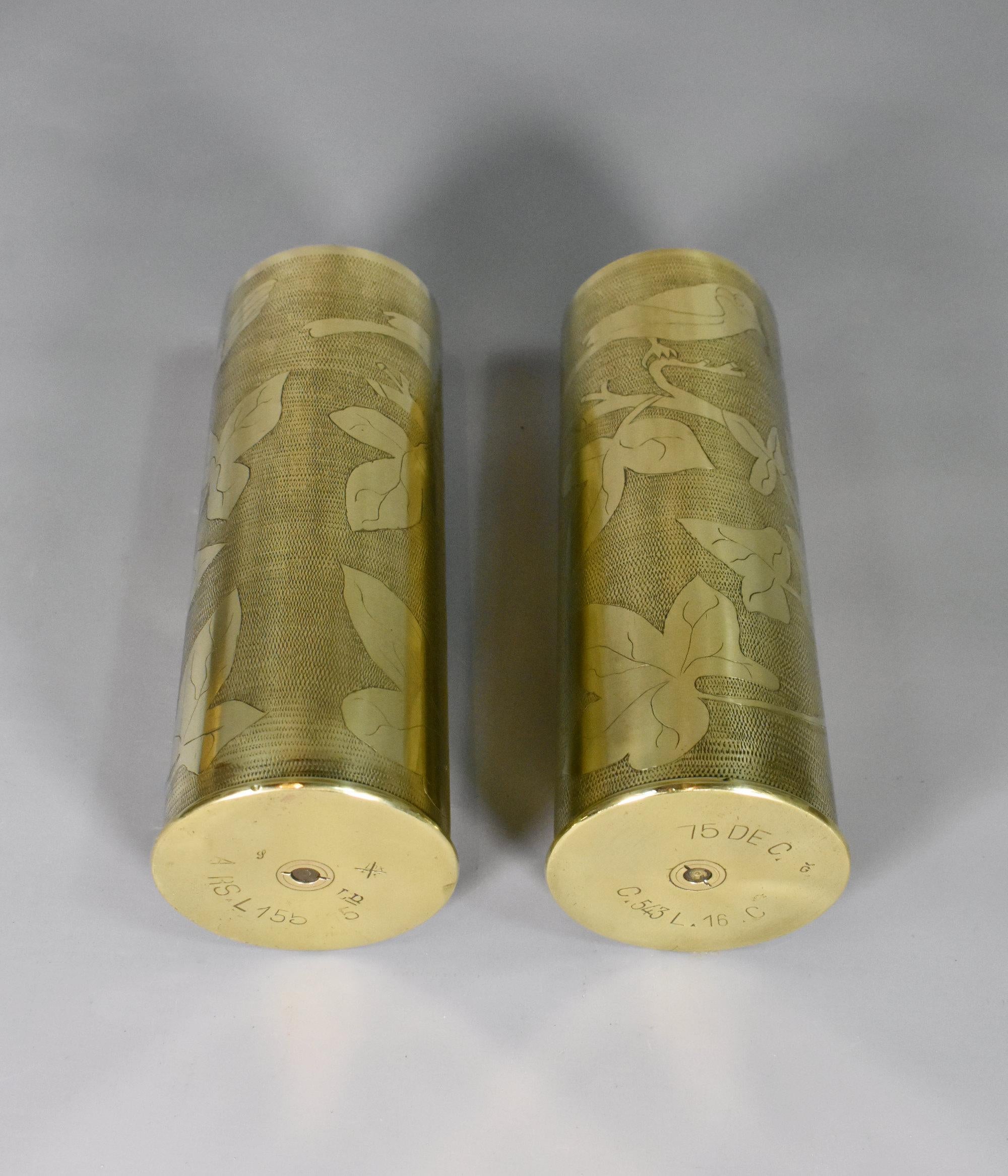 Paire de vases à obus en laiton Antique French Trench Art WW1 en vente 4