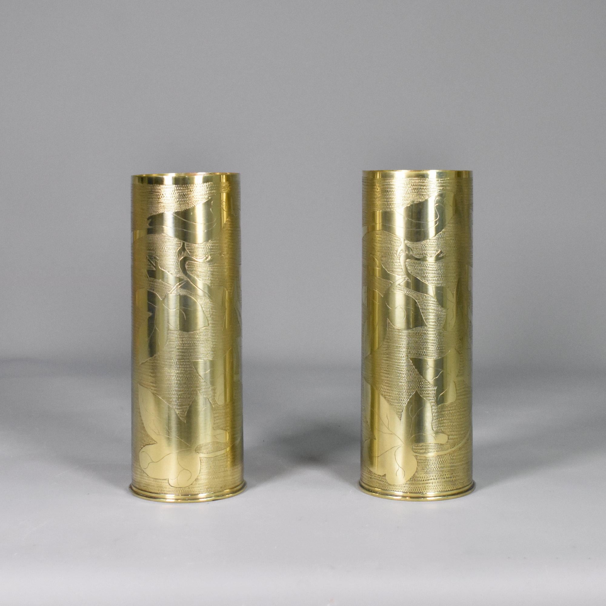 Poli Paire de vases à obus en laiton Antique French Trench Art WW1 en vente