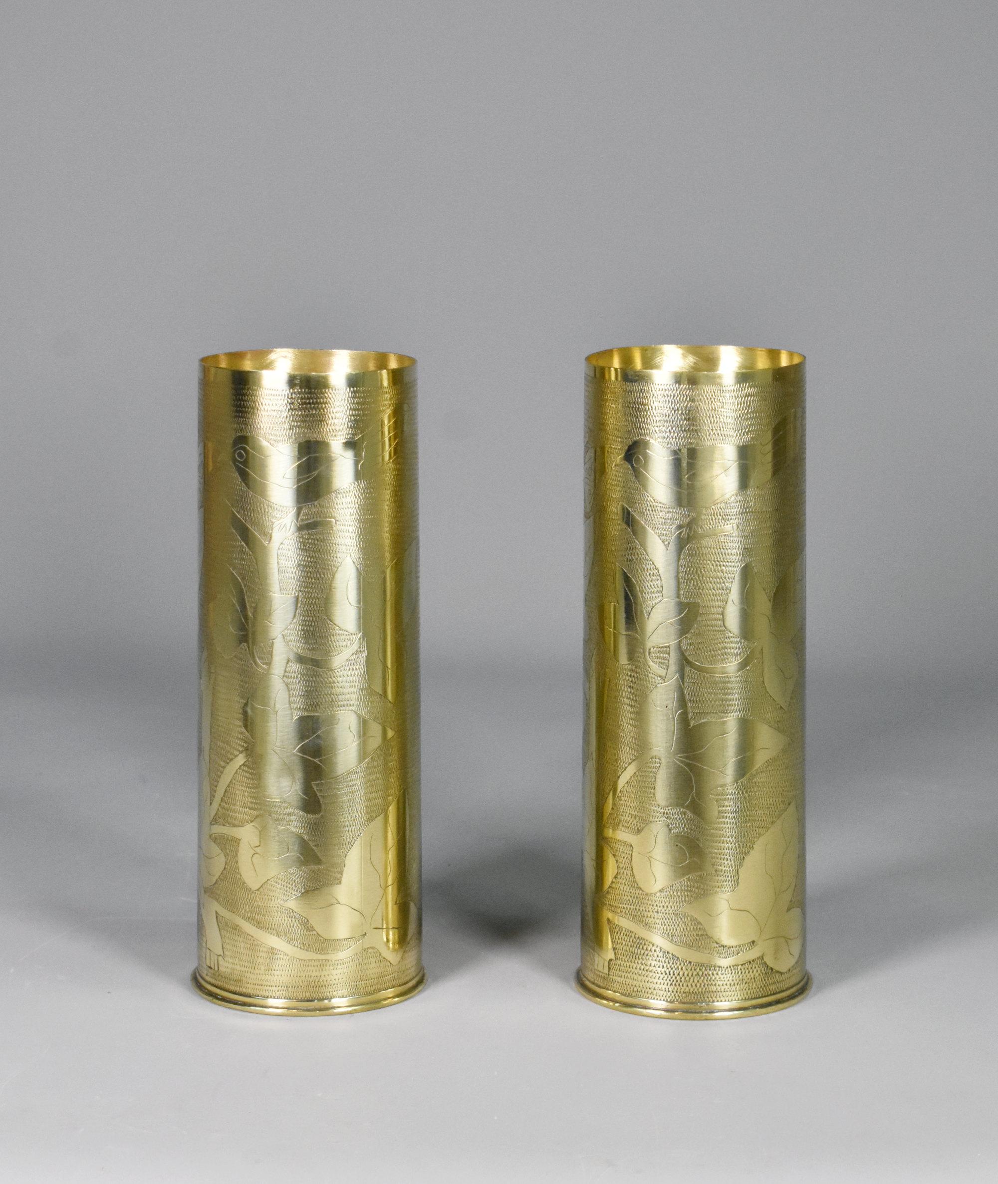 Paire de vases à obus en laiton Antique French Trench Art WW1 en vente 2