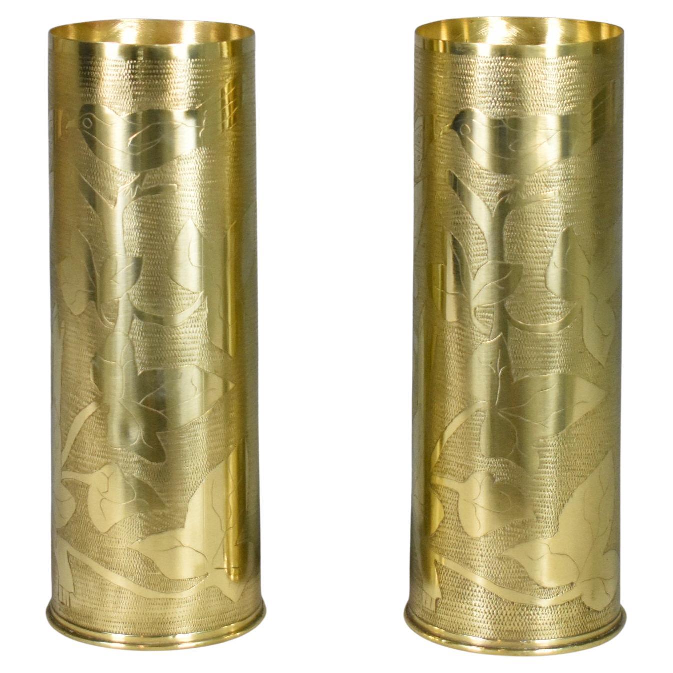 Par Antique French Trench Art Brass Shell Vases WW1