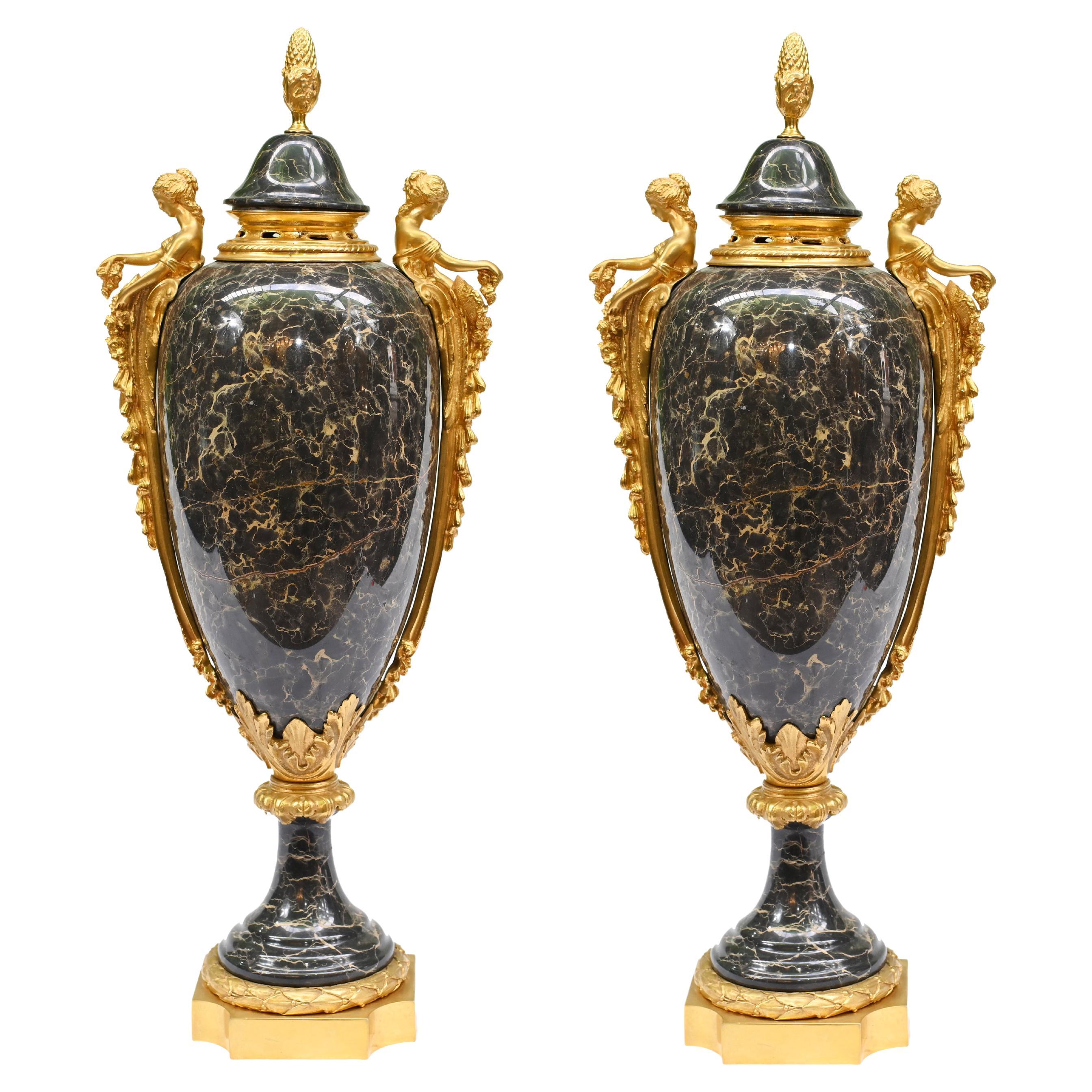 Pair Antique French Urns Marble Cassolettes Amphora 1890 For Sale