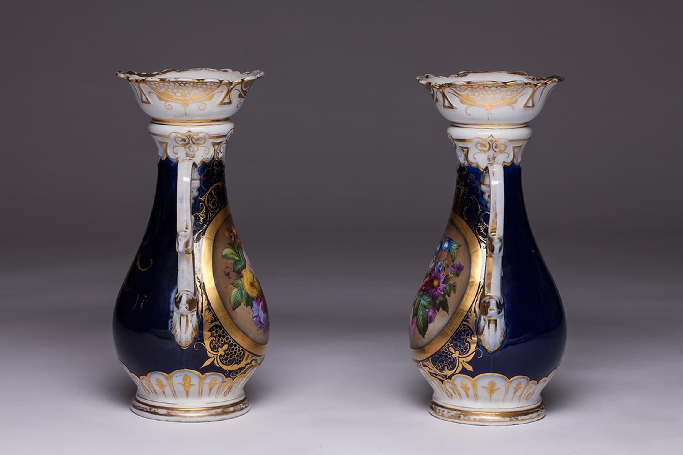 Hand-Painted Pair of Antique French Vieux Old Paris Porcelain Floral Hand Painted Vases