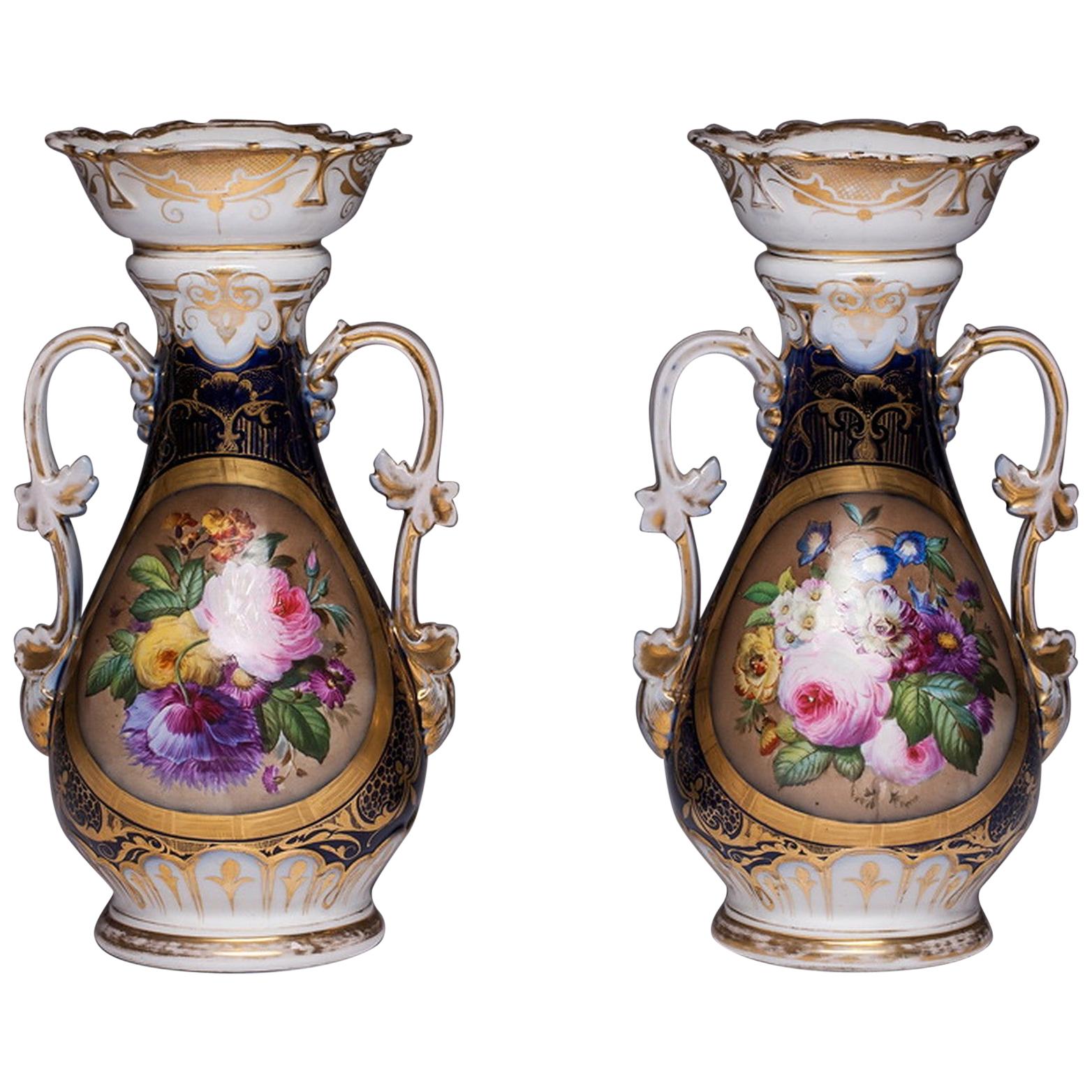 Pair of Antique French Vieux Old Paris Porcelain Floral Hand Painted Vases