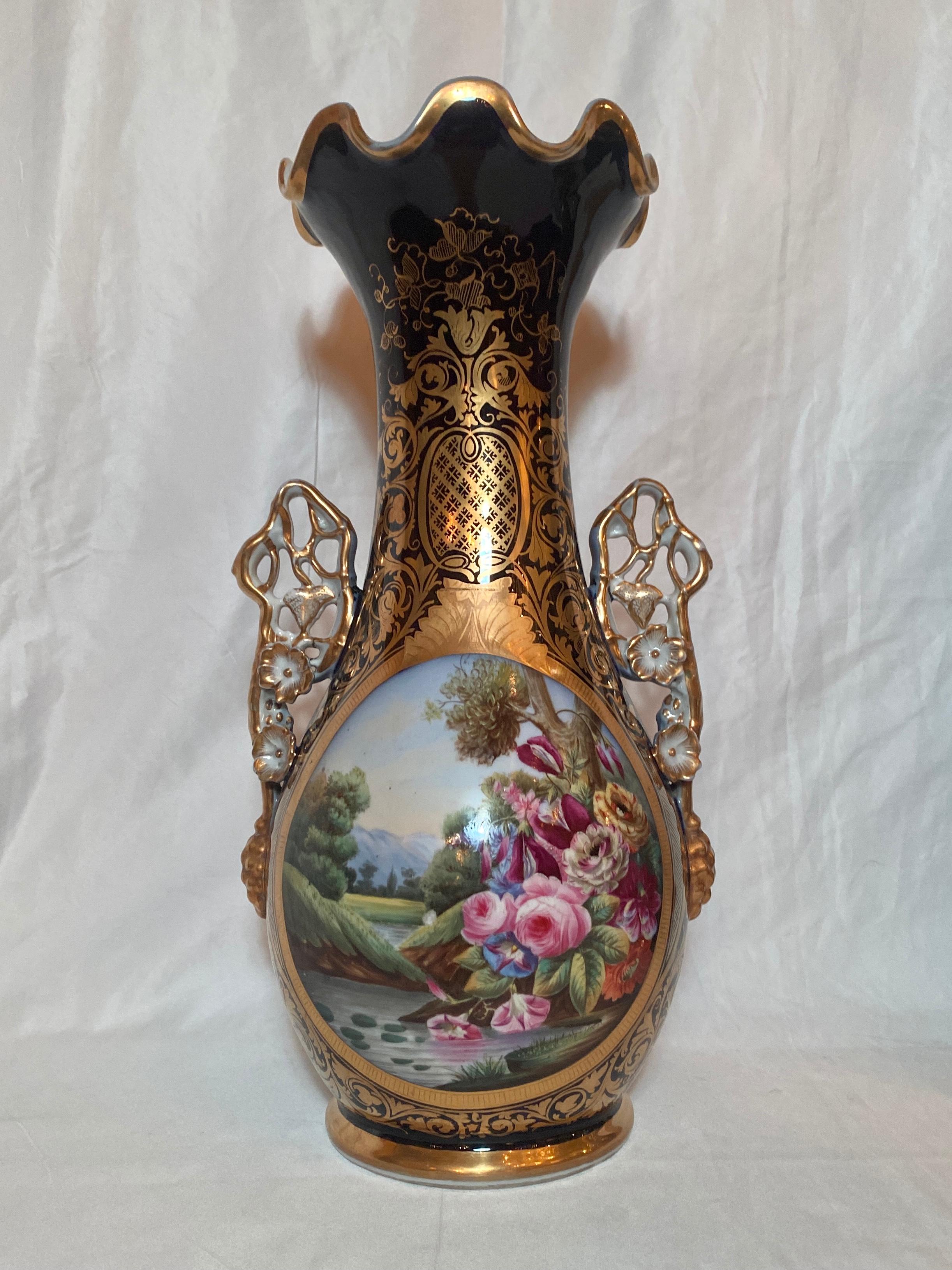 Exceptional pair antique French Vieux Paris enameled porcelain cobalt & gold urns, Circa 1845-65.