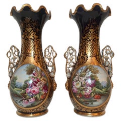 Pair Antique French "Vieux Paris" Enameled Porcelain Cobalt Urns, Circa 1845-65