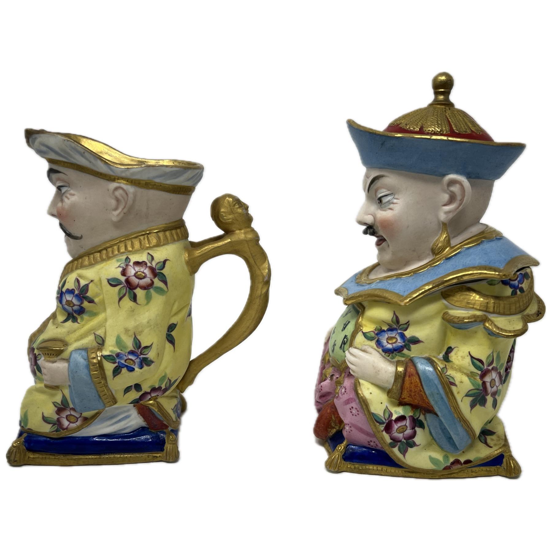 Pair Antique French Vieux Paris Porcelain Figural Creamer and Sugar, Circa 1880. In Good Condition For Sale In New Orleans, LA