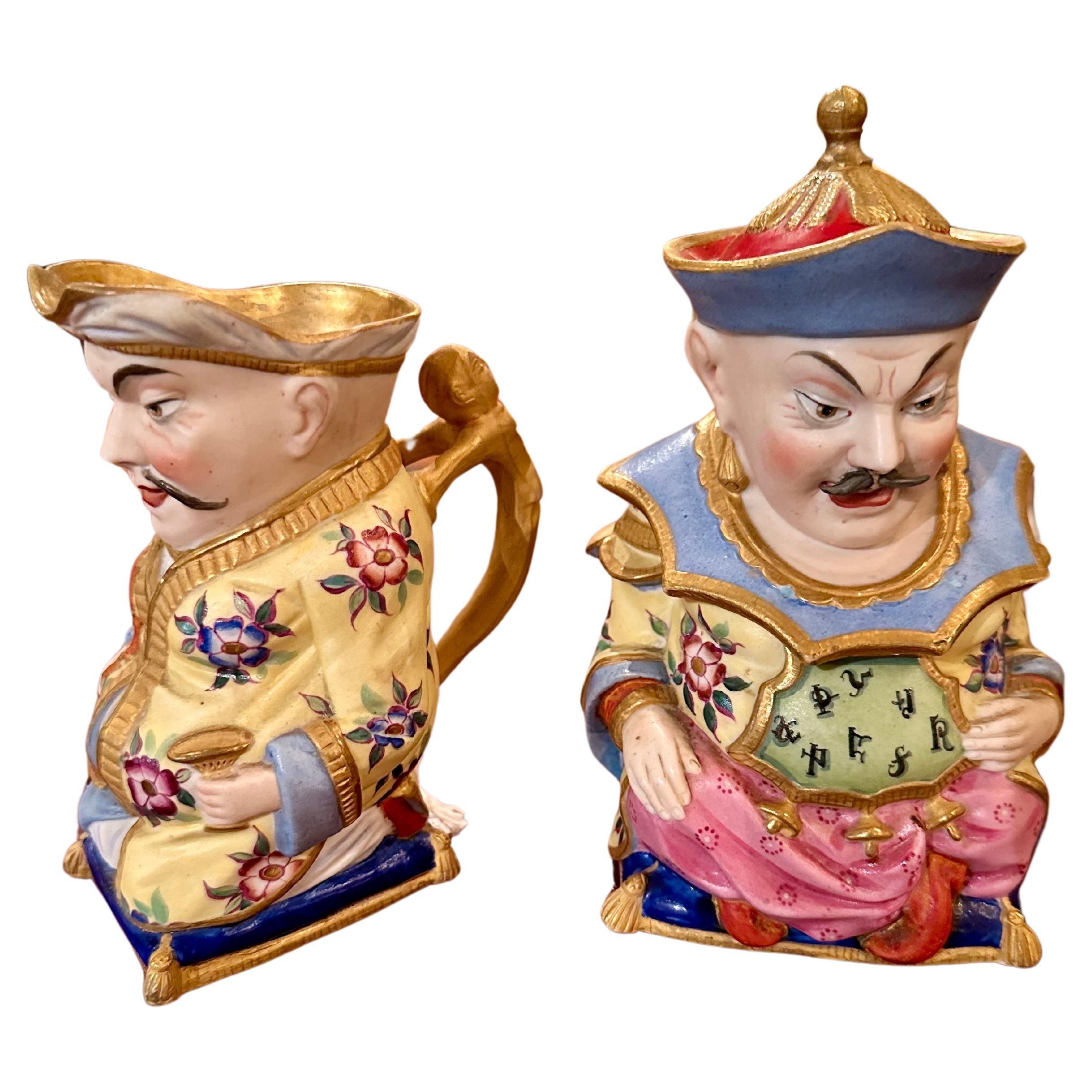 Paar antike französische Vieux Pariser Porzellanfigurencreme- und Zuckerschalen aus Porzellan, um 1880. im Angebot