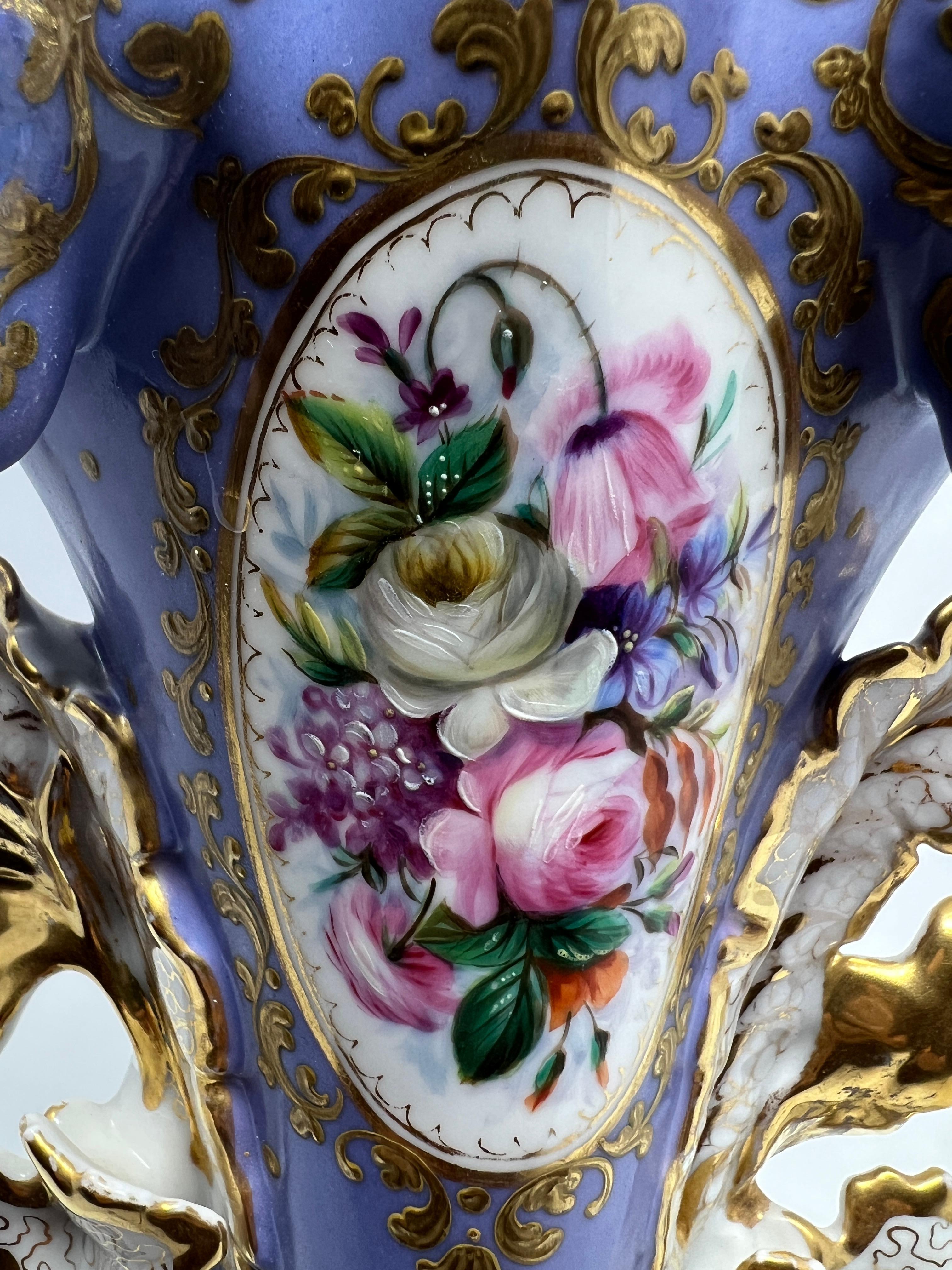 19th Century Pair Antique French Vieux Paris Porcelain Lavender Vases, Circa 1840-1860. For Sale