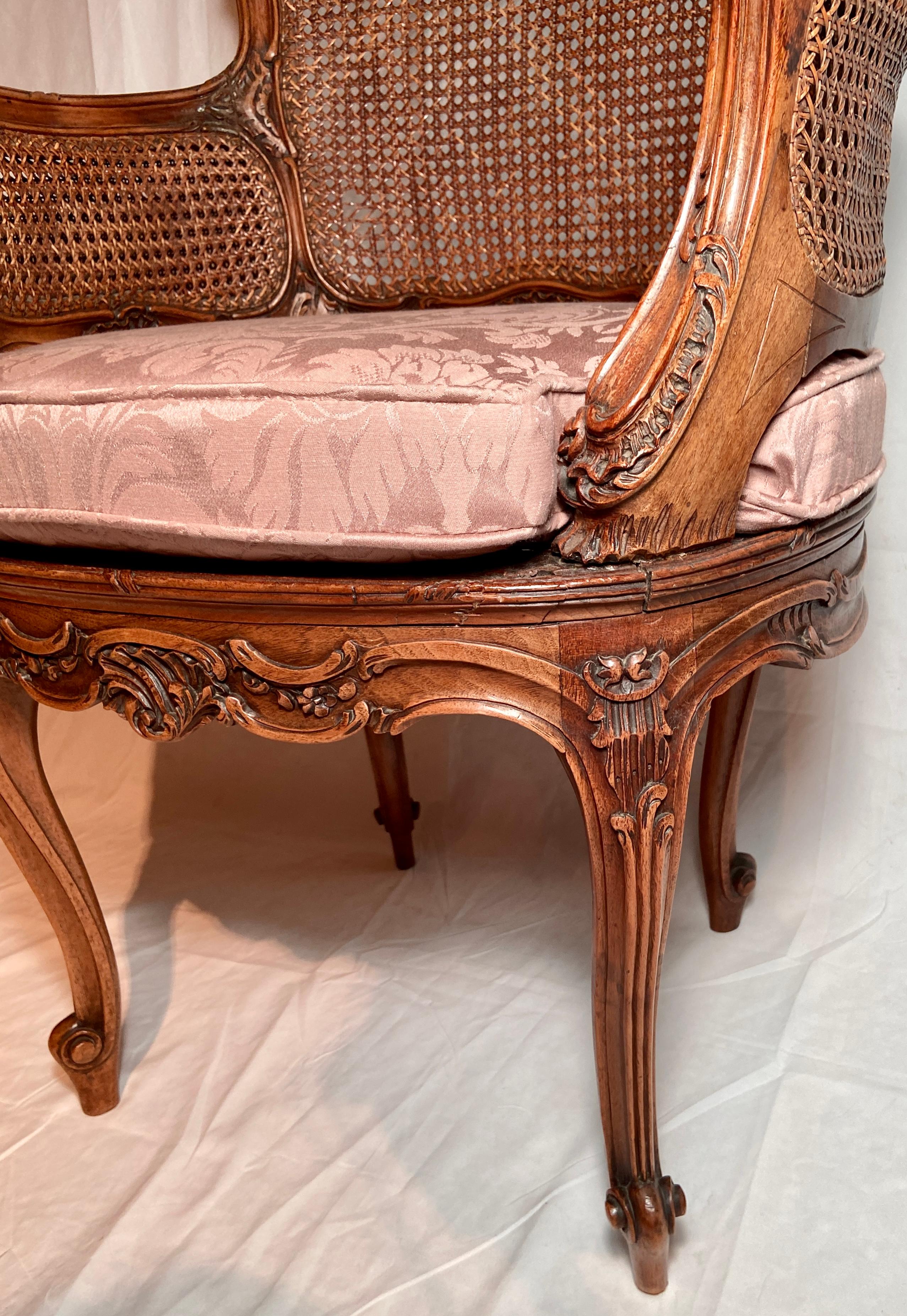 19th Century Pair Antique French Walnut & Cane Arm Chairs with Carved Backs, Circa 1890s For Sale