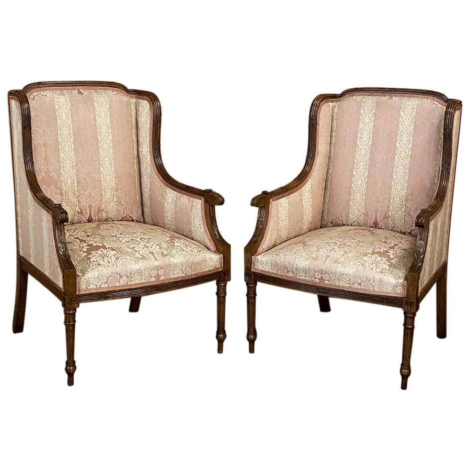 Pair of Antique French Walnut Louis XVI Bergères, Armchairs at 1stDibs