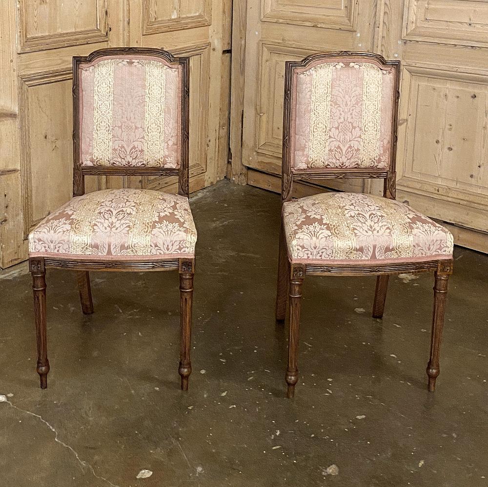 Hand-Carved Pair of Antique French Walnut Louis XVI Side Chairs