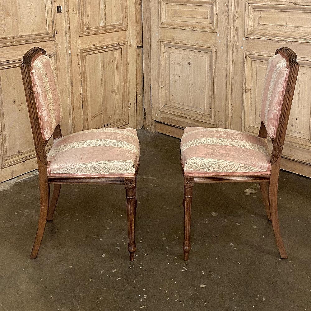 Silk Pair of Antique French Walnut Louis XVI Side Chairs