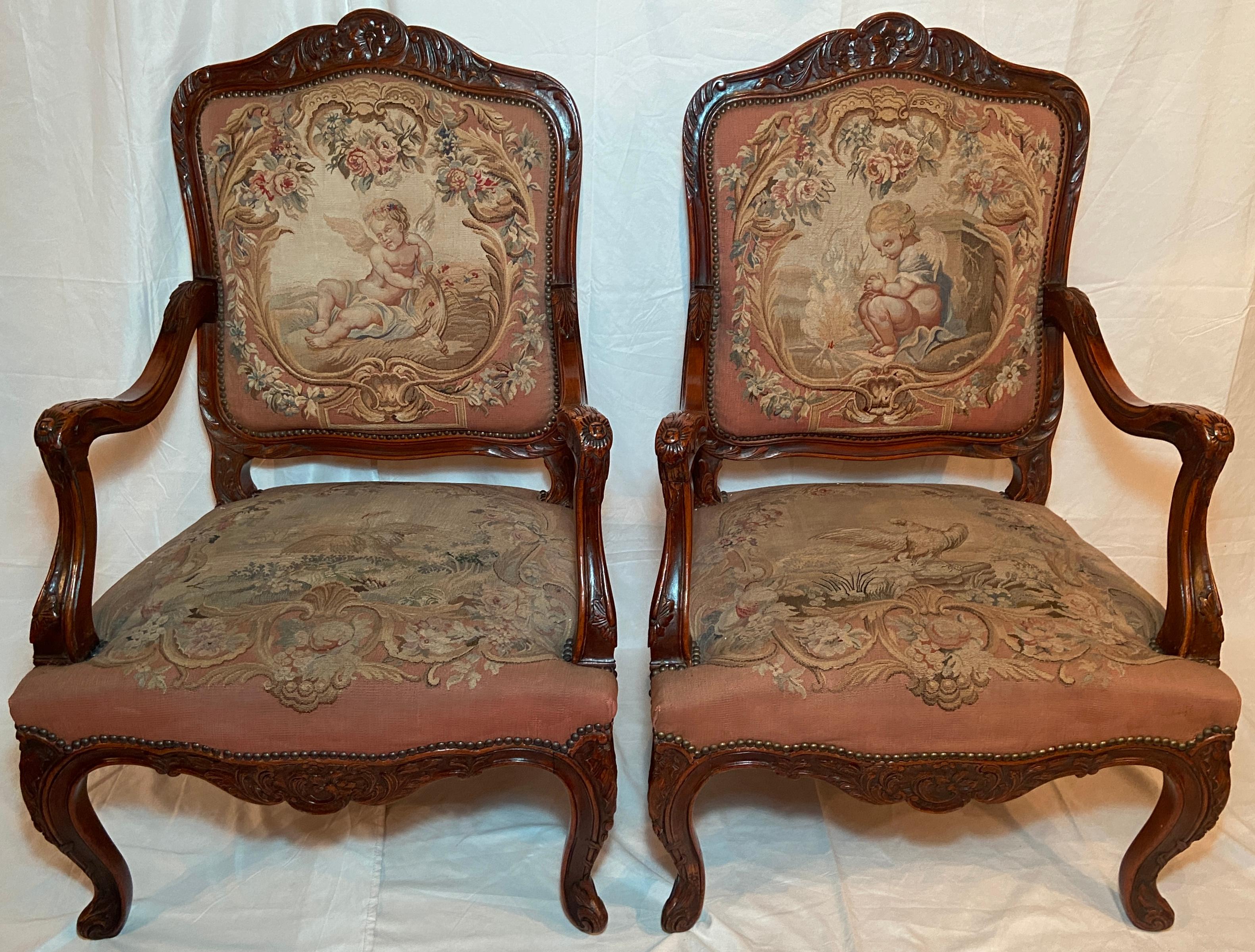 Pair Antique French walnut needlepoint armchairs, circa 1860-1870.