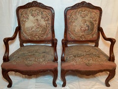 Pair Antique French Walnut Needlepoint Armchairs, Circa 1860-1870