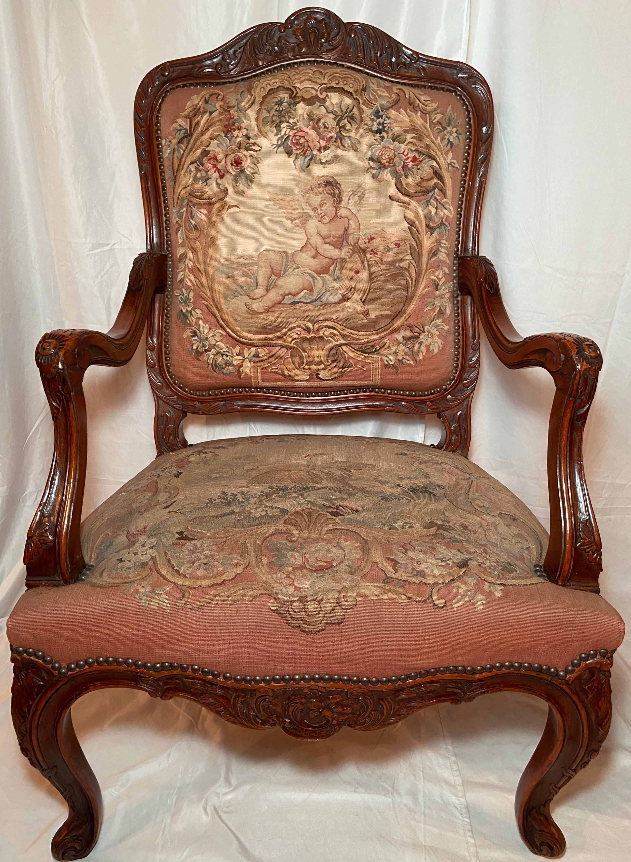 Pair Antique French Walnut Needlepoint Armchairs, Circa 1860-1870 In Good Condition For Sale In New Orleans, LA